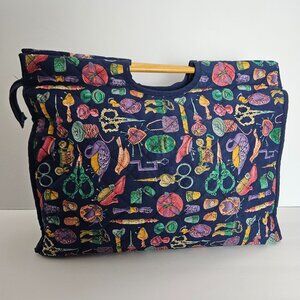 Vintage Quilted Craft / Knitting Tote with Wooden Handles – Sewing Supply Print